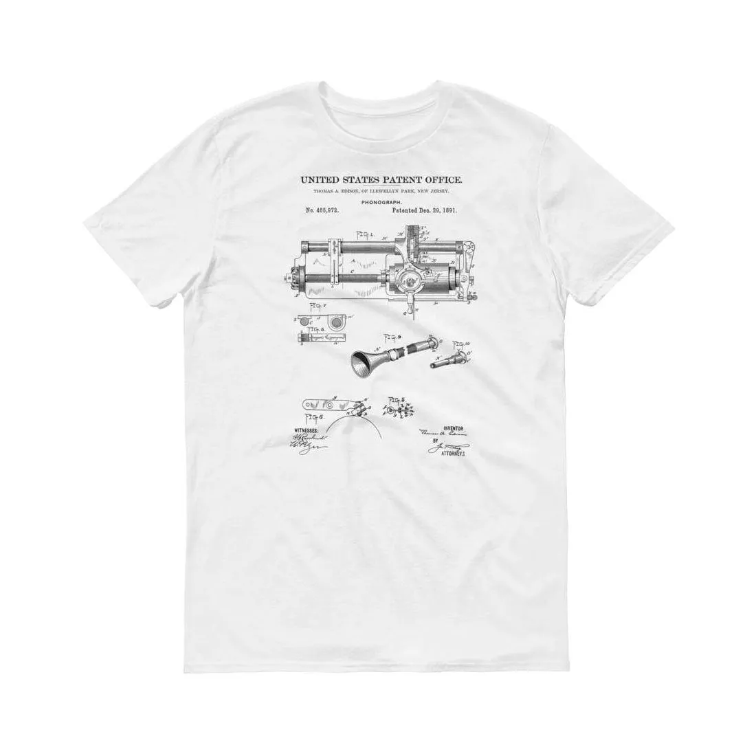 1891 Edison Phonograph Patent T-Shirt - Phonograph T-Shirt, Edison T-Shirt, Edison Patent, Thomas Edison Invention, Gramophone Patent