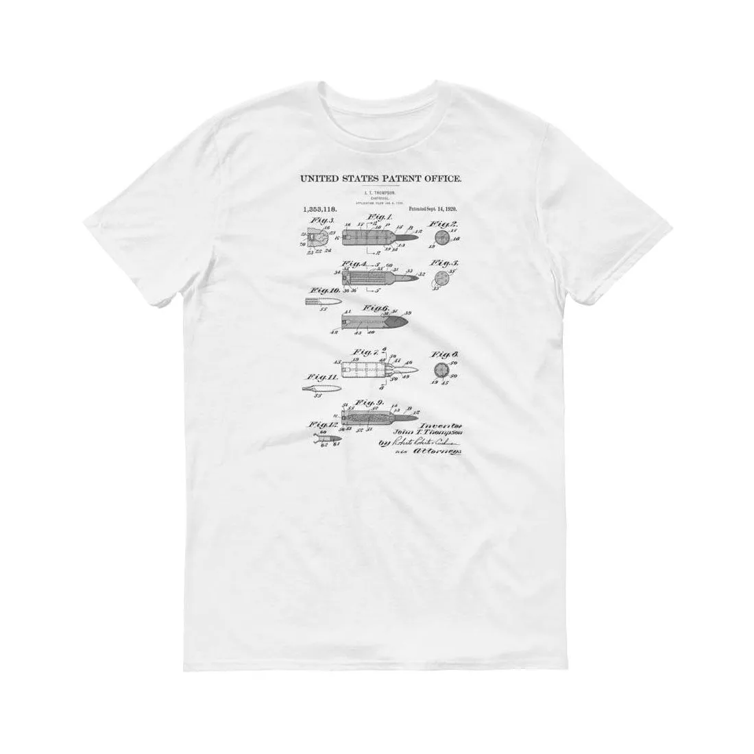 1920 Firearm Cartridge Patent T-Shirt - Bullet Patent, Old Patent T-shirt, Firearm T-shirt, Weapon Patent, Gun Patent, Gun Cartridge T-Shirt
