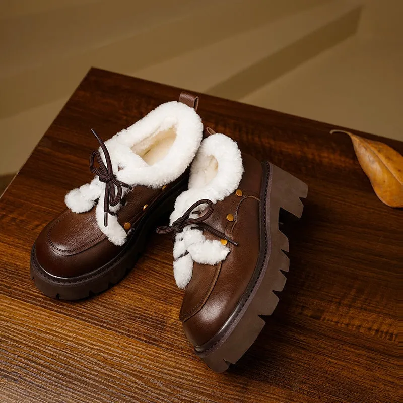 70mm Platform Chunky Cowhide Leather Shearling-Lined Lace-Up Oxfords Shoes with Plush Edge & Rivet Design Brown/Black