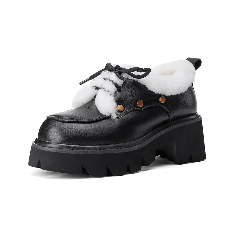 70mm Platform Chunky Cowhide Leather Shearling-Lined Lace-Up Oxfords Shoes with Plush Edge & Rivet Design Brown/Black