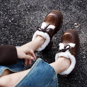 70mm Platform Chunky Cowhide Leather Shearling-Lined Lace-Up Oxfords Shoes with Plush Edge & Rivet Design Brown/Black