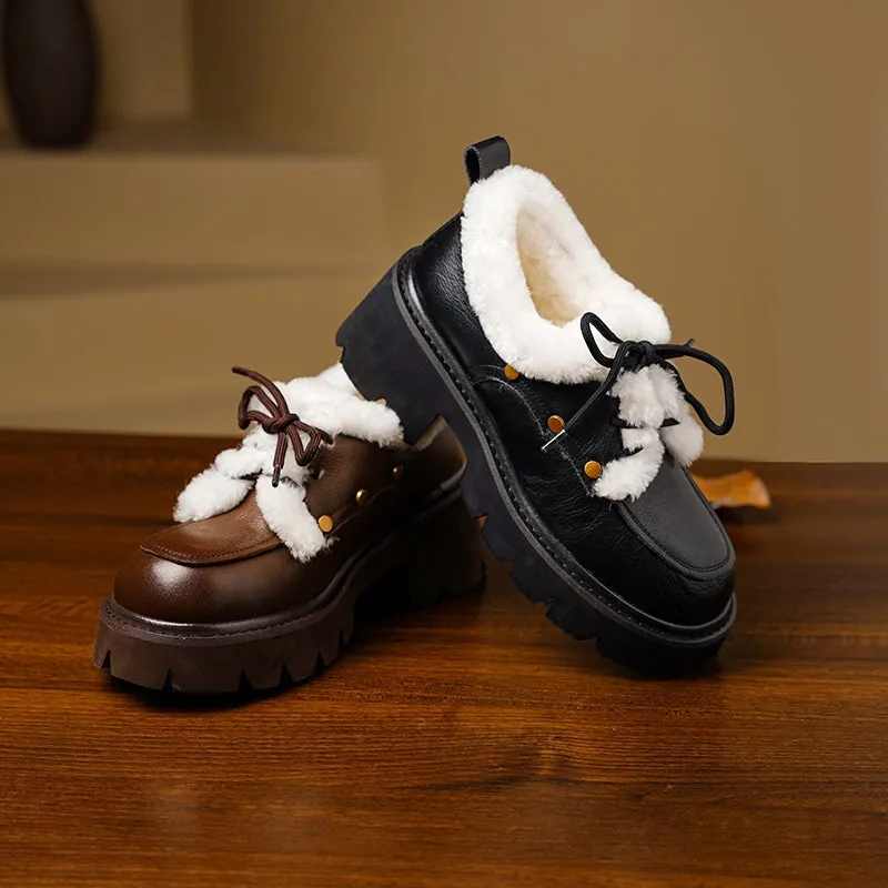 70mm Platform Chunky Cowhide Leather Shearling-Lined Lace-Up Oxfords Shoes with Plush Edge & Rivet Design Brown/Black