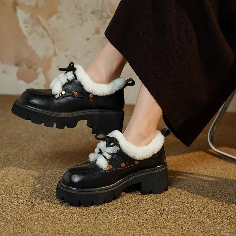 70mm Platform Chunky Cowhide Leather Shearling-Lined Lace-Up Oxfords Shoes with Plush Edge & Rivet Design Brown/Black