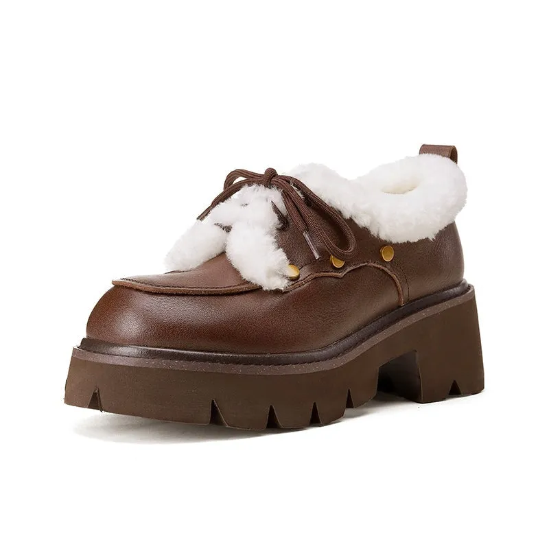 70mm Platform Chunky Cowhide Leather Shearling-Lined Lace-Up Oxfords Shoes with Plush Edge & Rivet Design Brown/Black