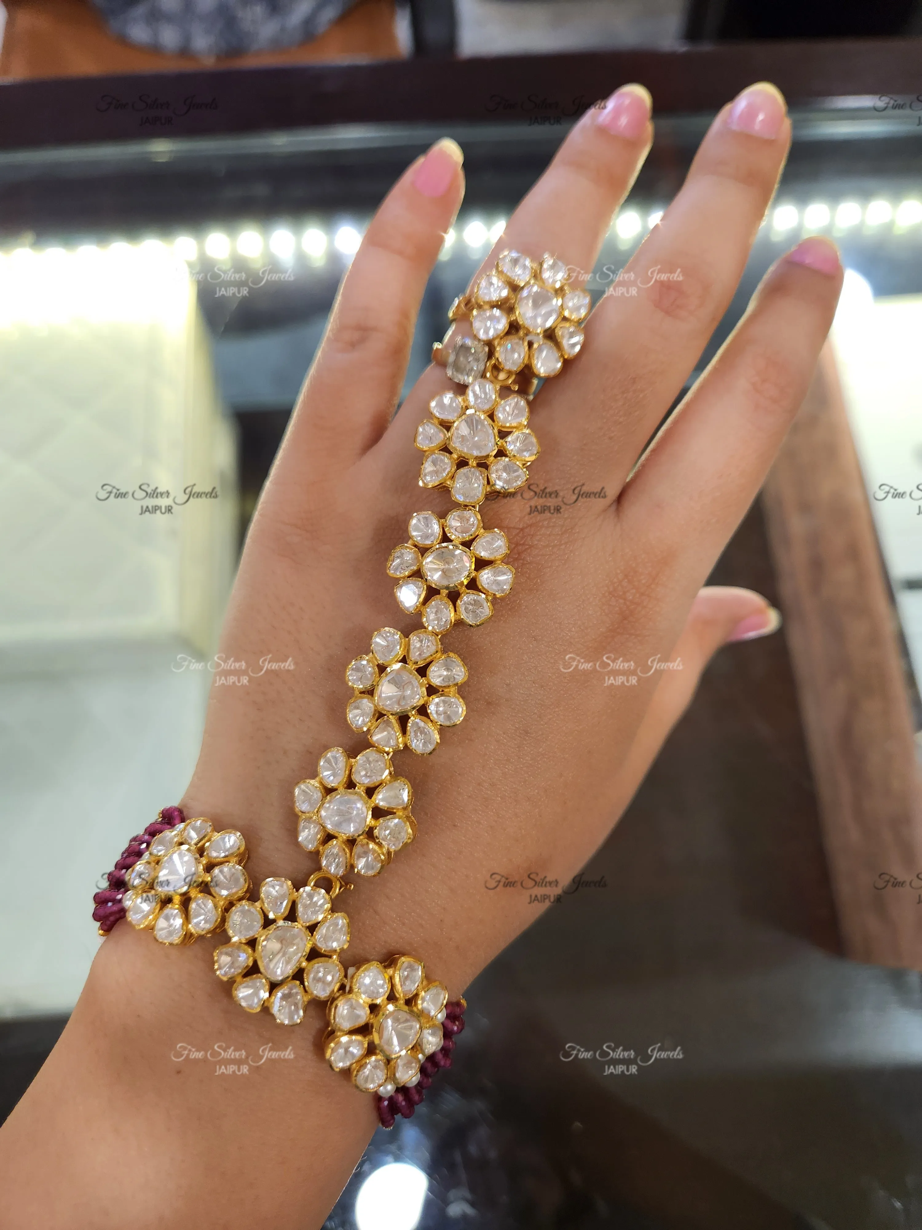 925 Silver Polki Hathphool (pair)