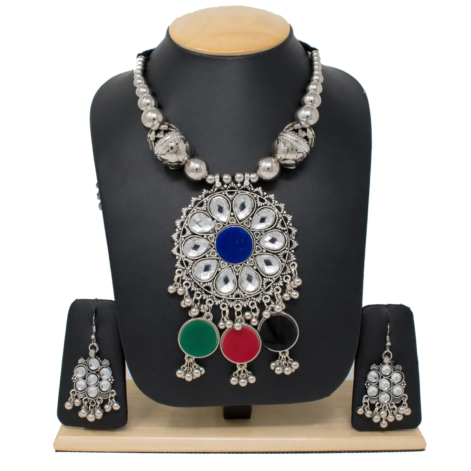 Blue Oxidized Kundan Silver Necklace Set