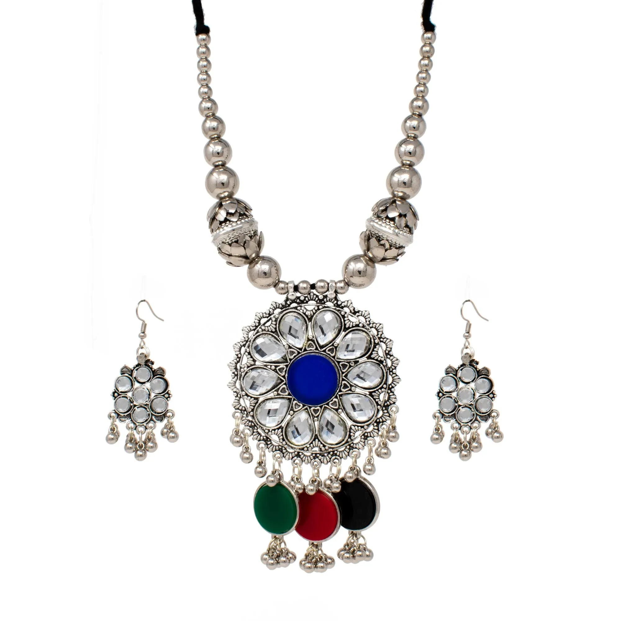 Blue Oxidized Kundan Silver Necklace Set