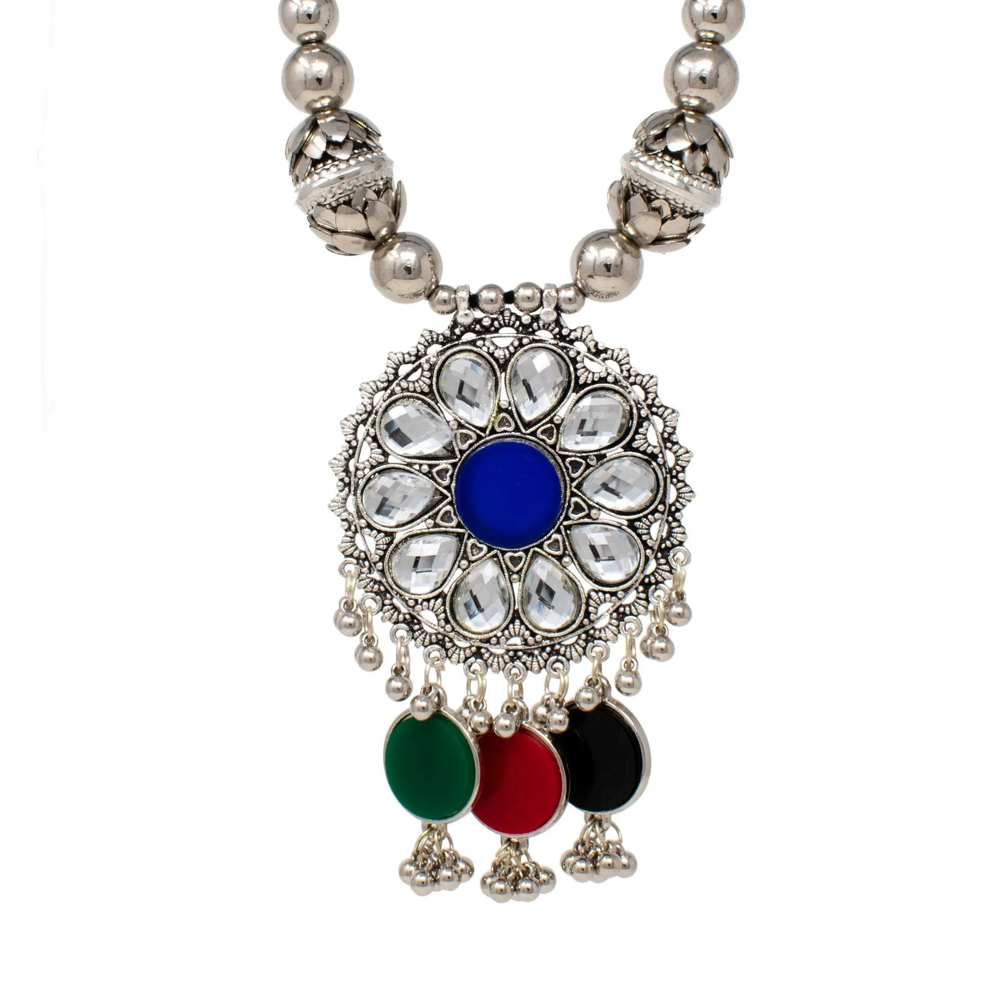 Blue Oxidized Kundan Silver Necklace Set