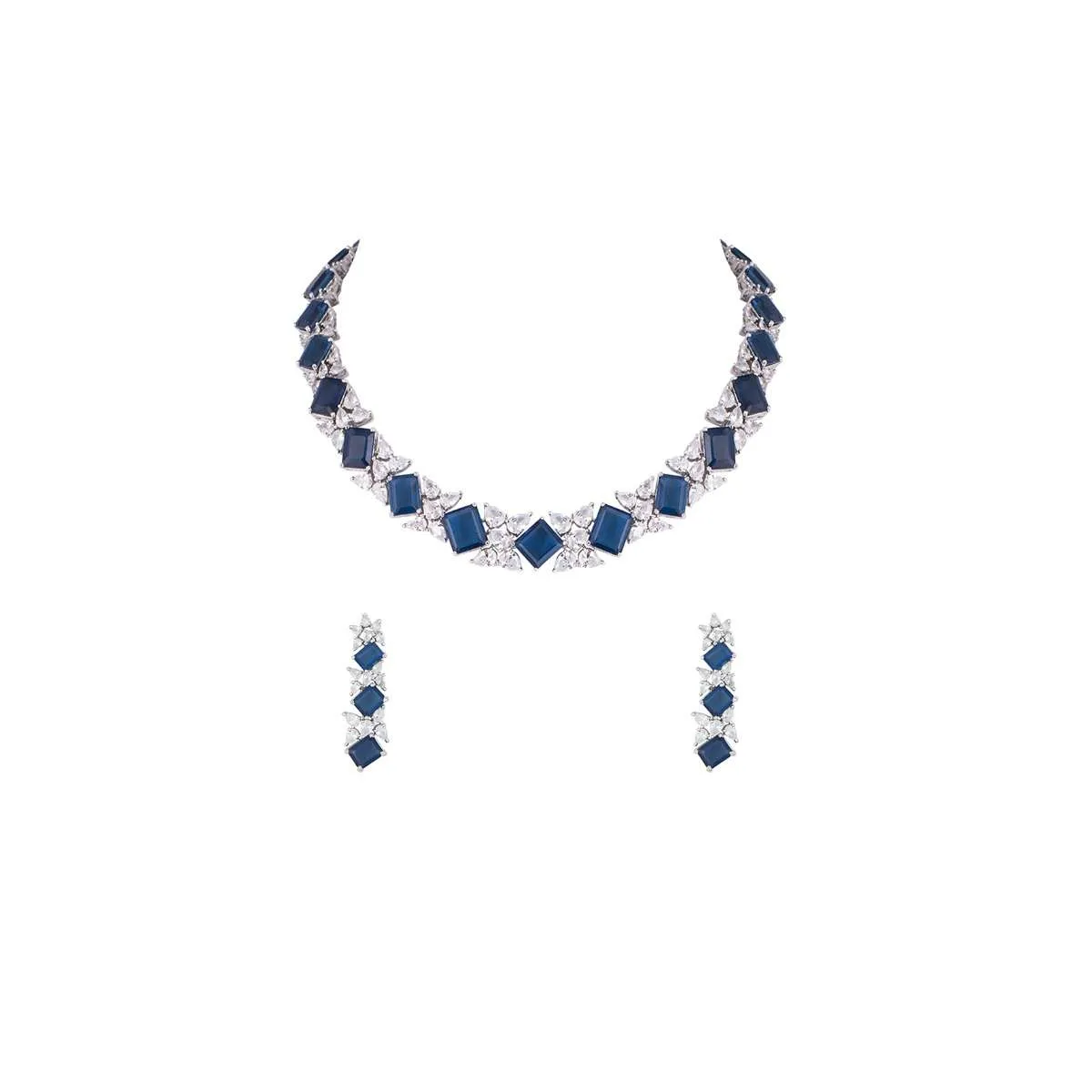 Blue Stone Studded Choker And Earrings Set In Geometric Design With Faux Diamonds By Aster