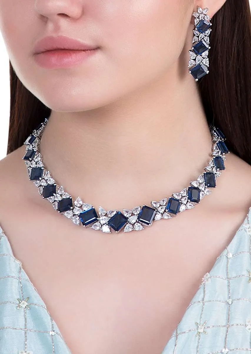 Blue Stone Studded Choker And Earrings Set In Geometric Design With Faux Diamonds By Aster