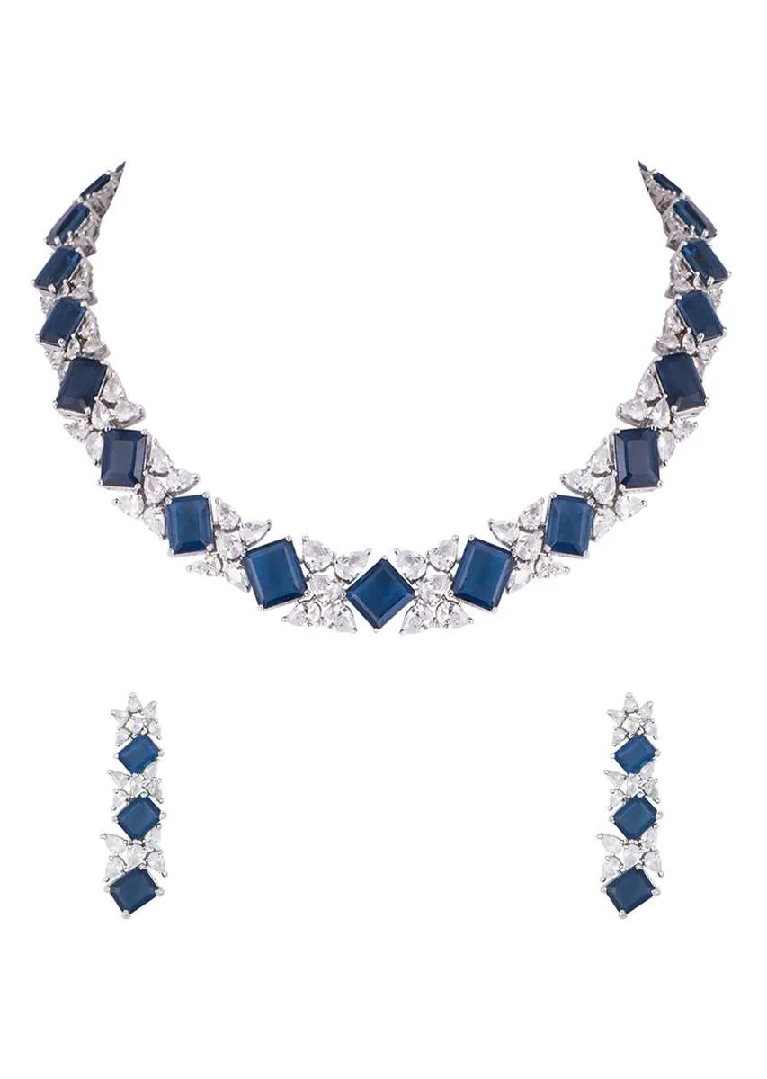 Blue Stone Studded Choker And Earrings Set In Geometric Design With Faux Diamonds By Aster