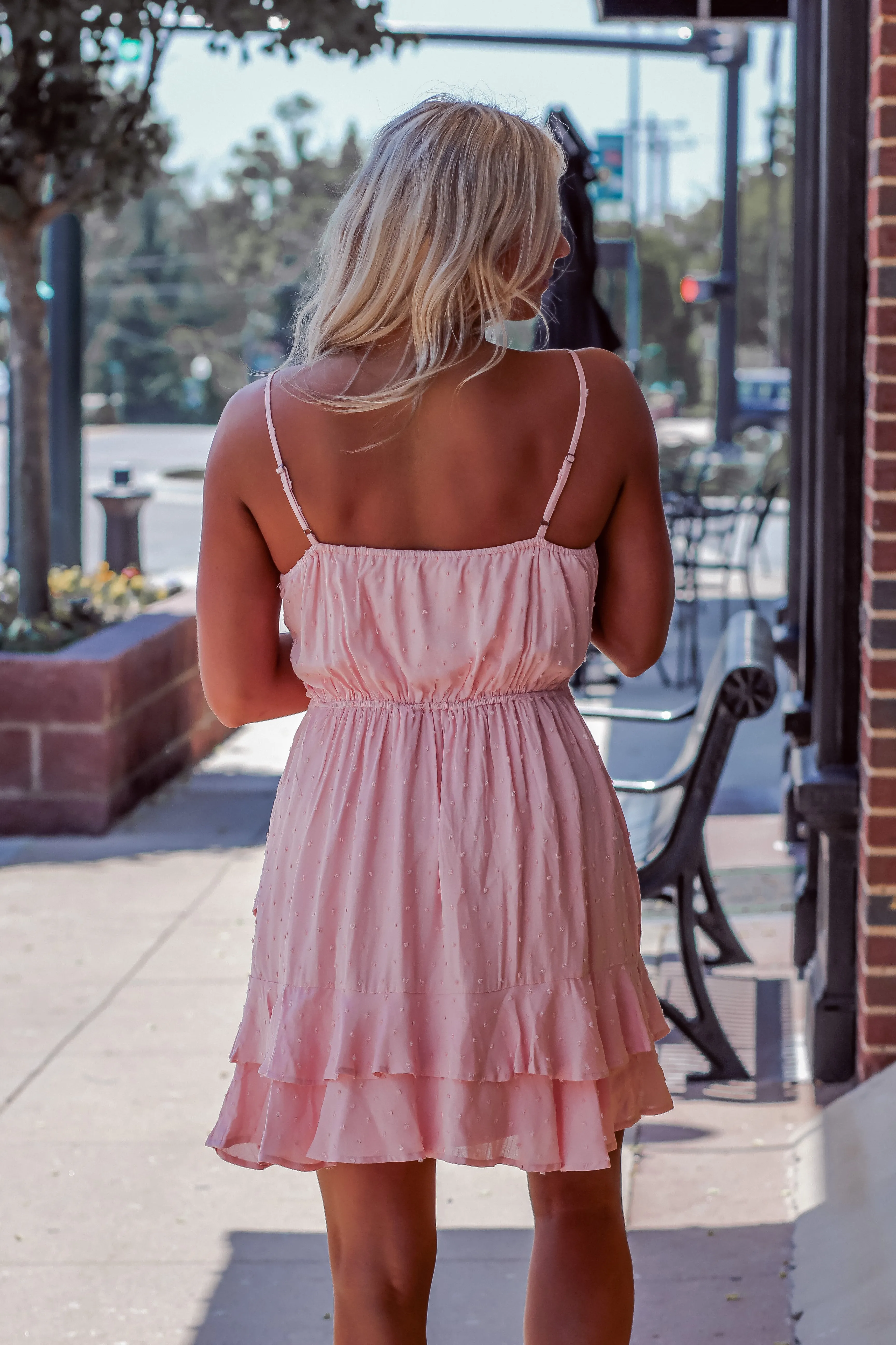Blush Swiss Dot Mini Dress with Tie Detail