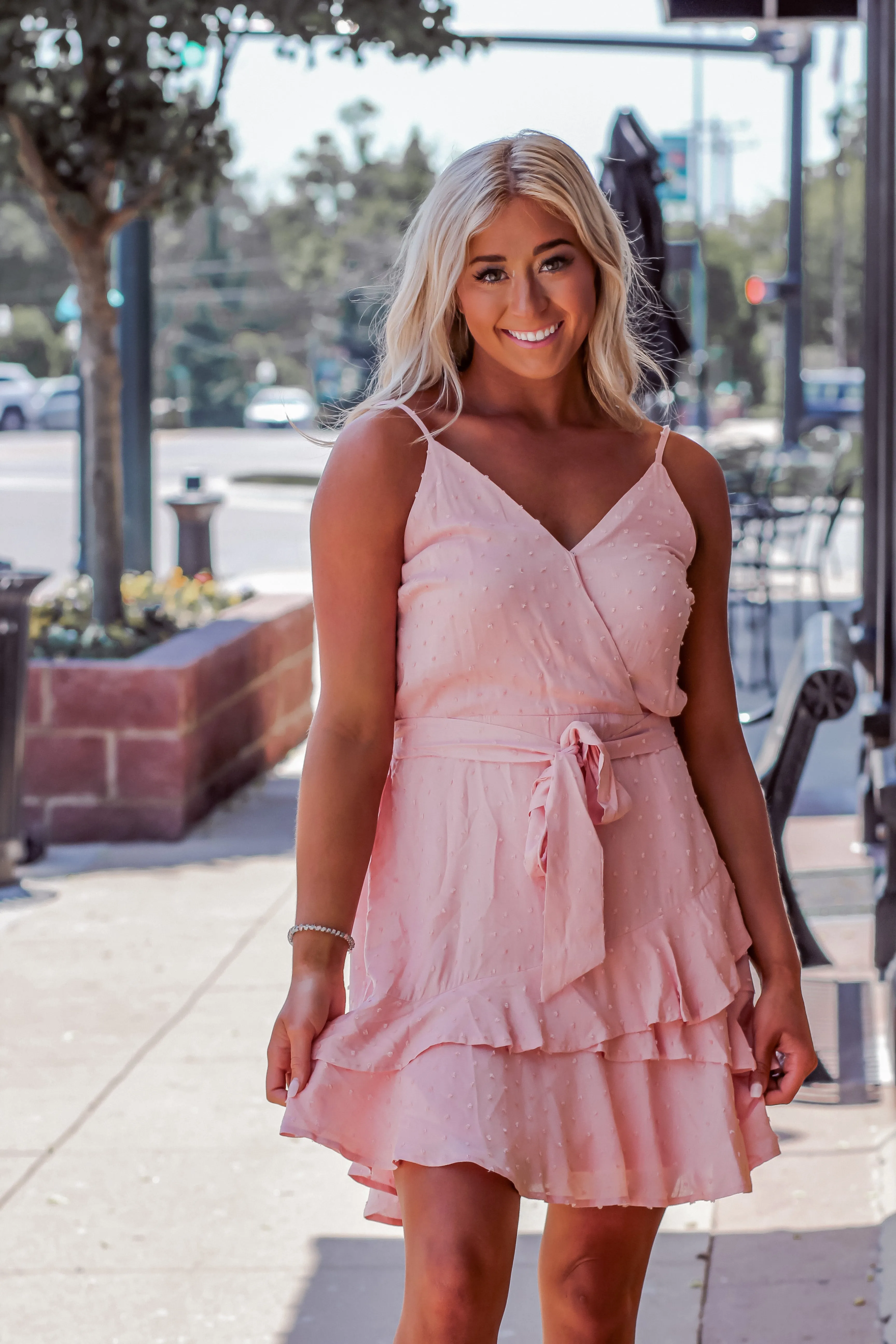 Blush Swiss Dot Mini Dress with Tie Detail