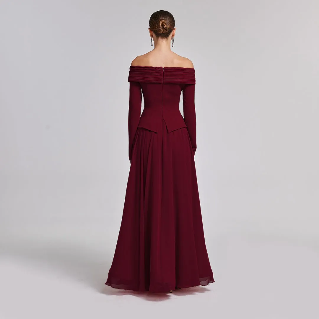 Burgundy Off-Shoulder Long-Sleeve Evening Gown