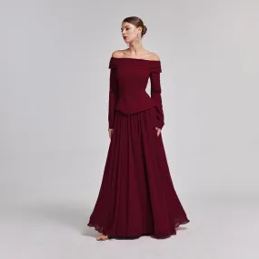 Burgundy Off-Shoulder Long-Sleeve Evening Gown