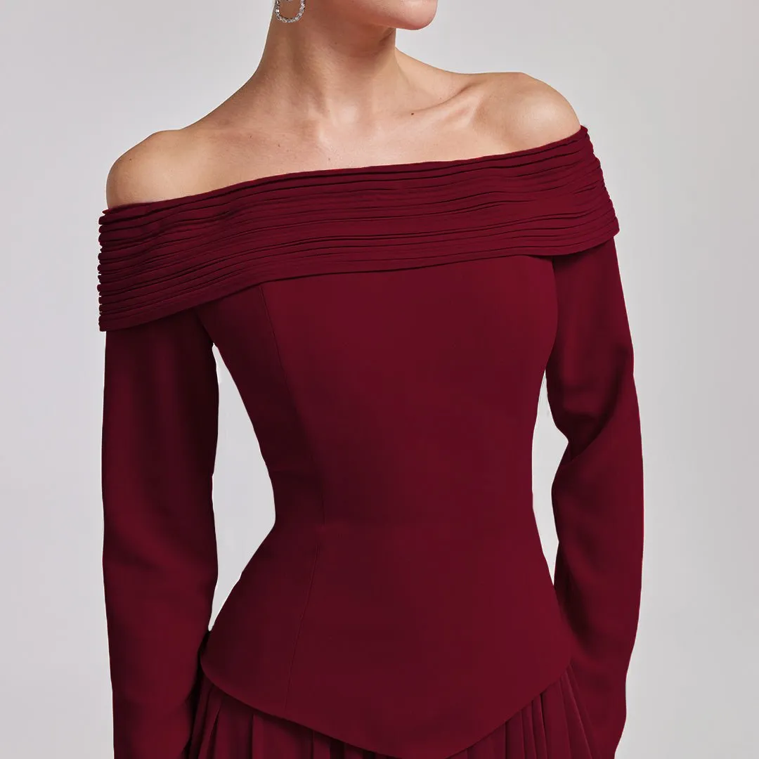 Burgundy Off-Shoulder Long-Sleeve Evening Gown