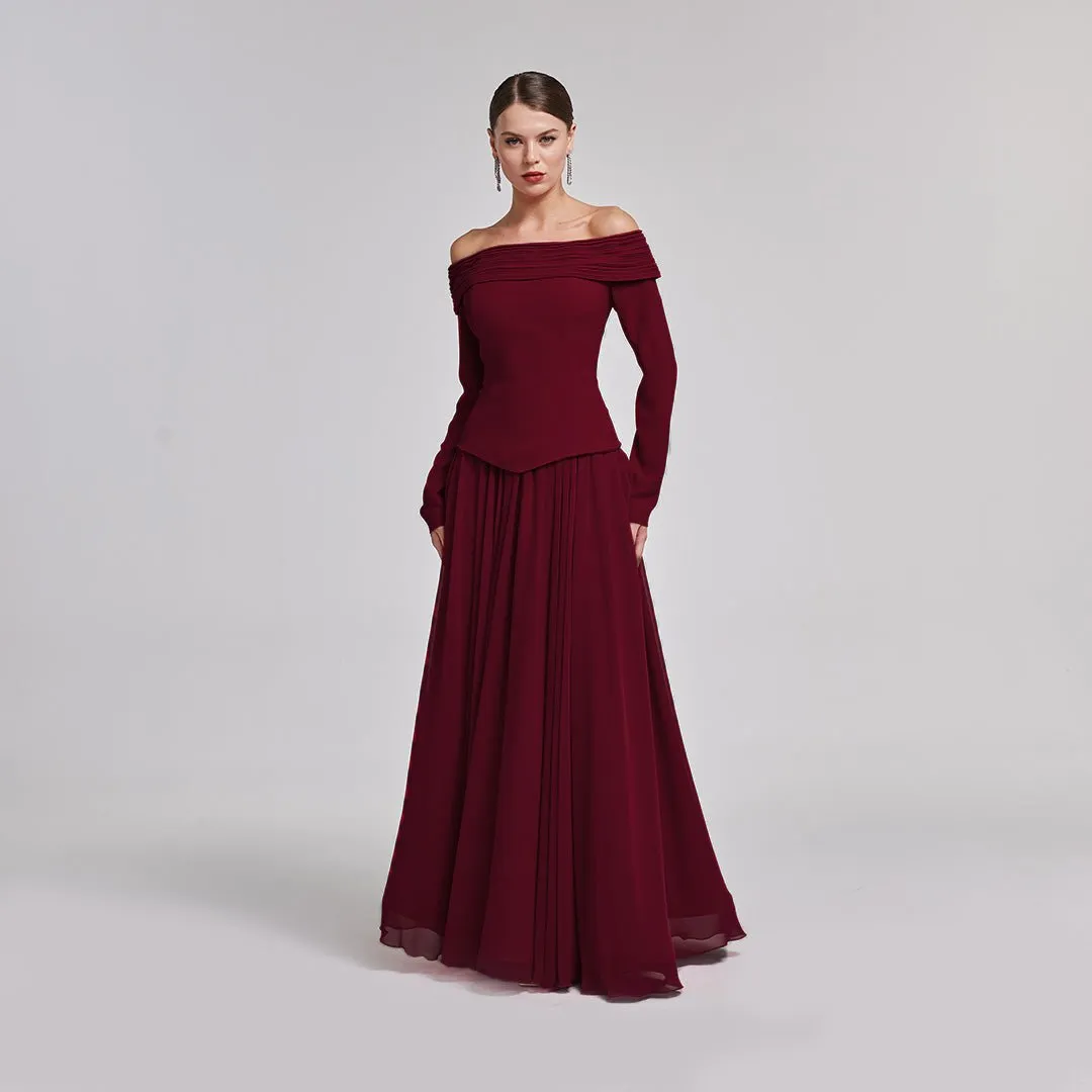 Burgundy Off-Shoulder Long-Sleeve Evening Gown