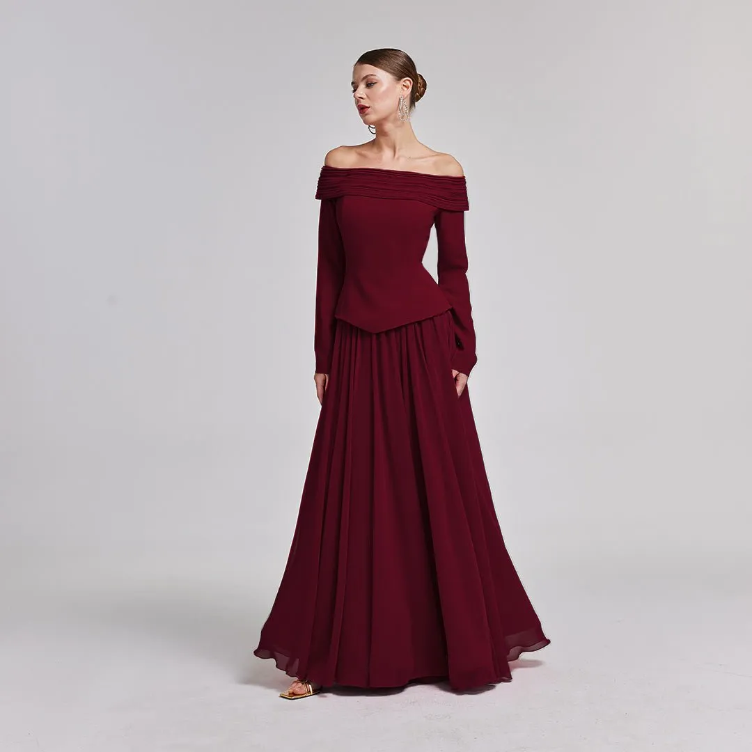 Burgundy Off-Shoulder Long-Sleeve Evening Gown