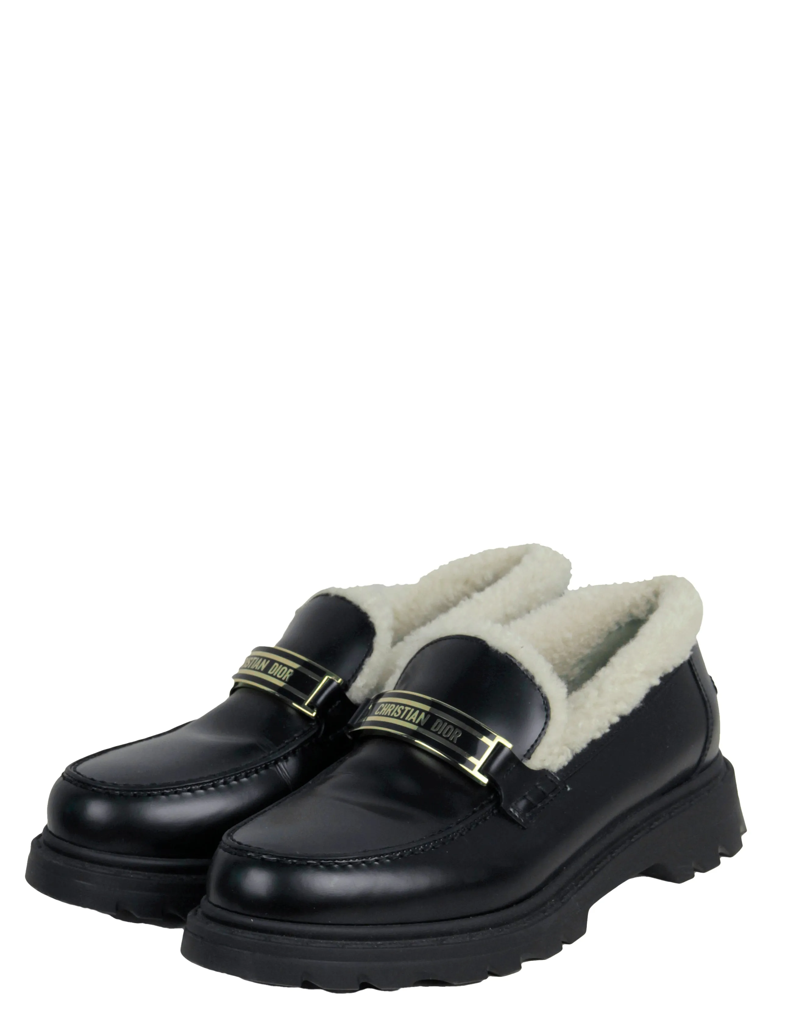Christian Dior Black Brushed Calfskin & Shearling Dior Code Loafers sz 39.5
