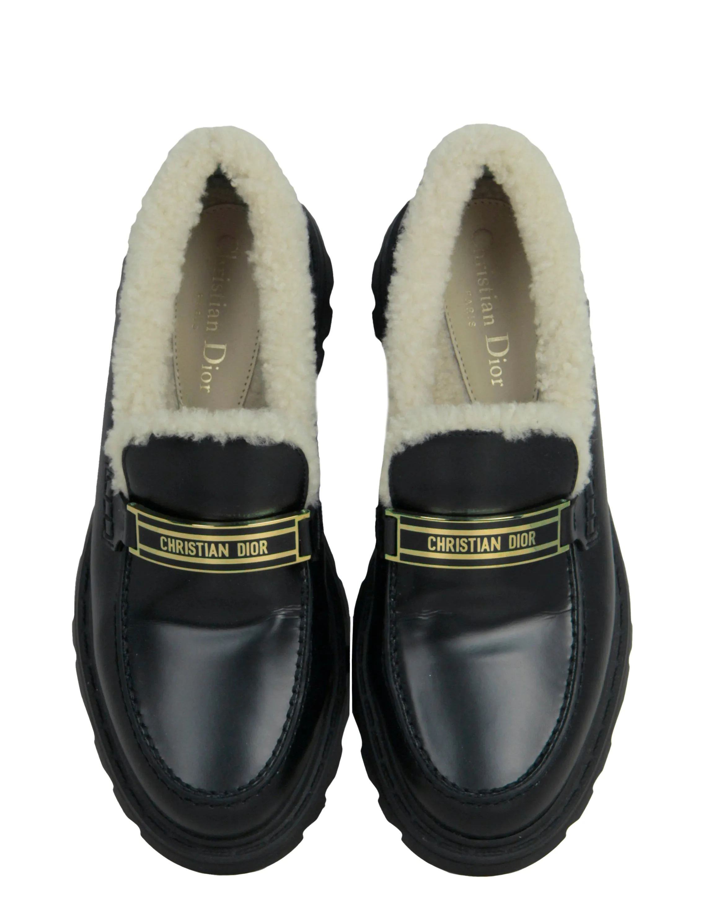 Christian Dior Black Brushed Calfskin & Shearling Dior Code Loafers sz 39.5