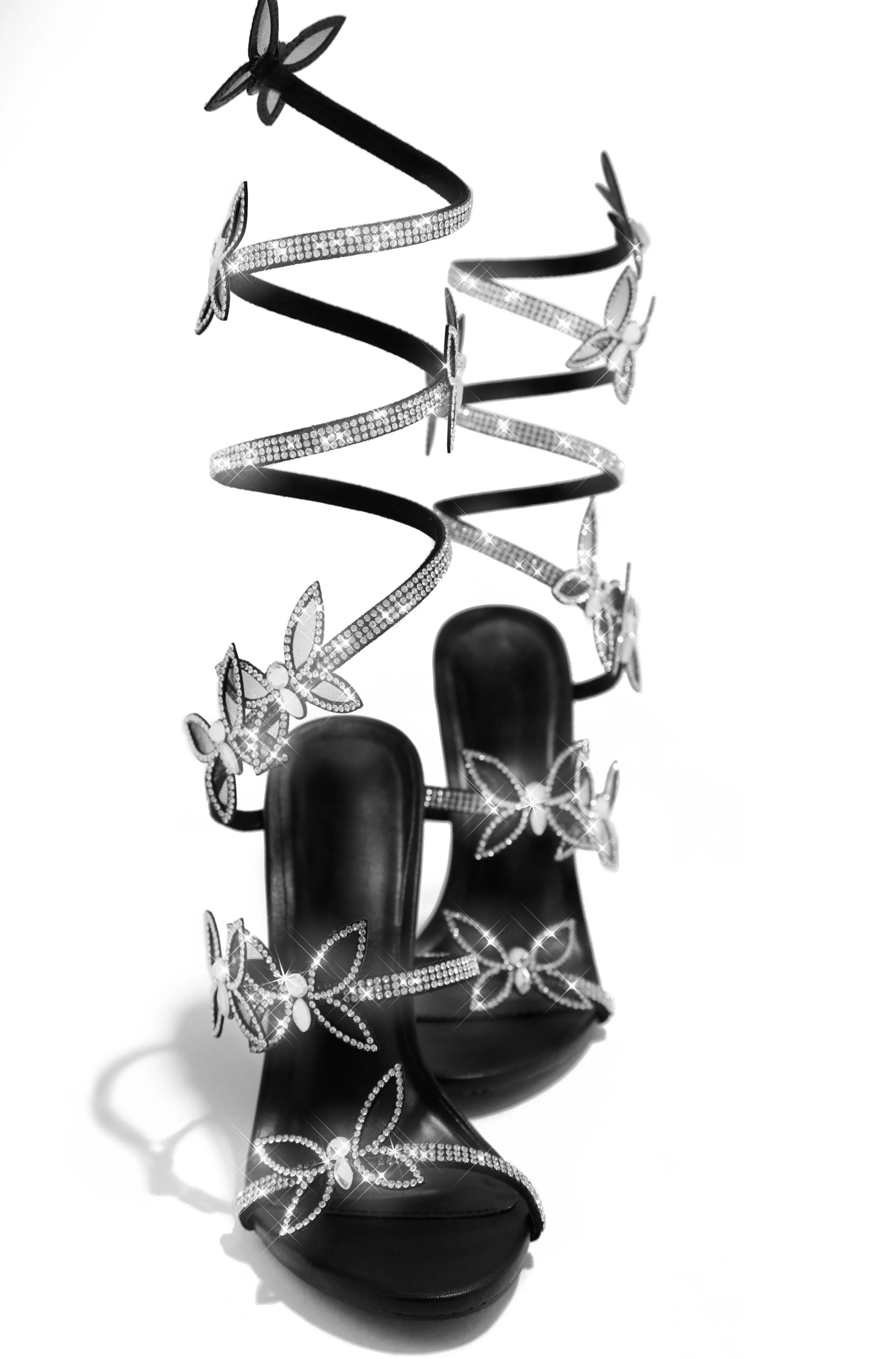Fantasy Butterfly Embellished Around The Ankle Coil Heels - Black