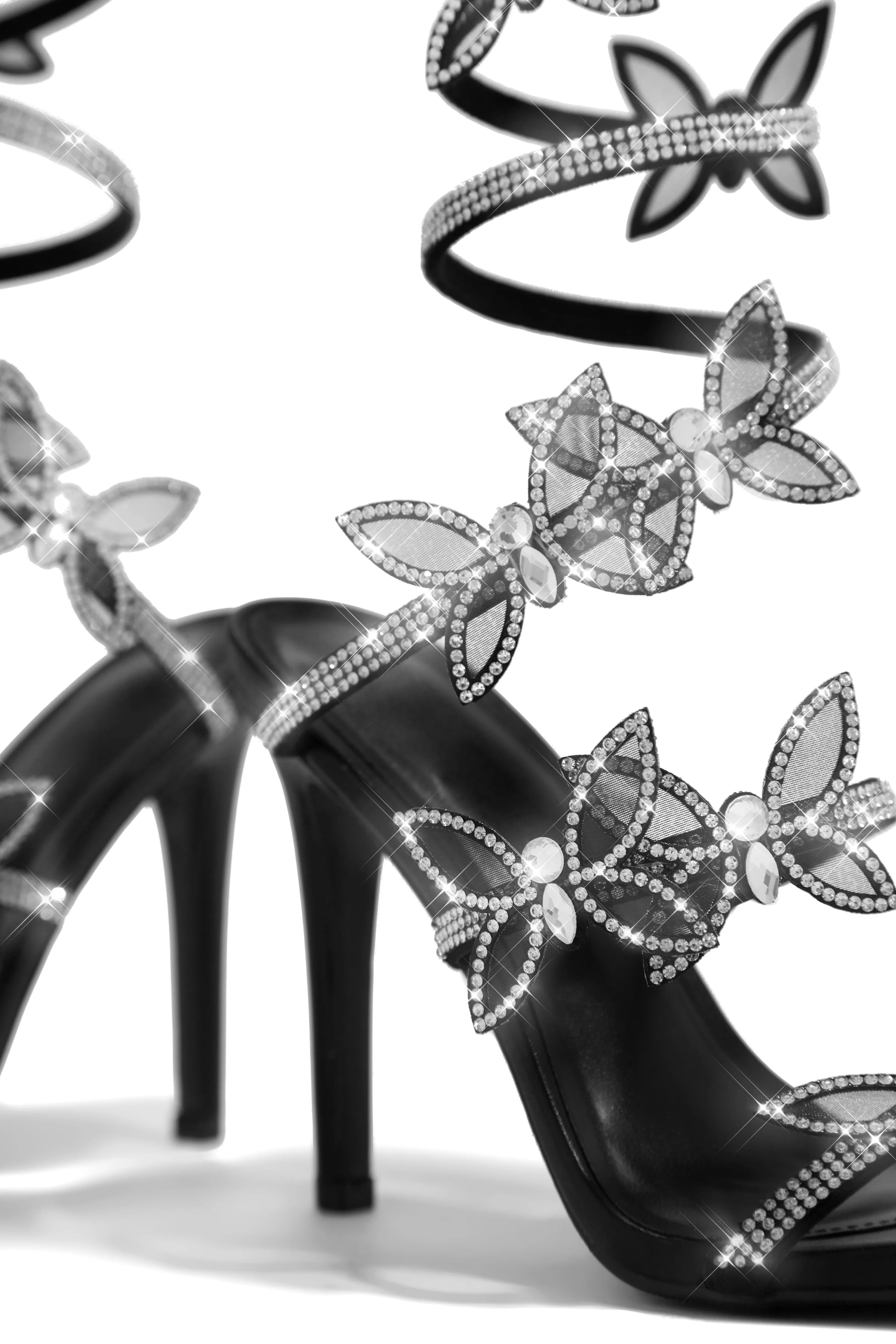 Fantasy Butterfly Embellished Around The Ankle Coil Heels - Black
