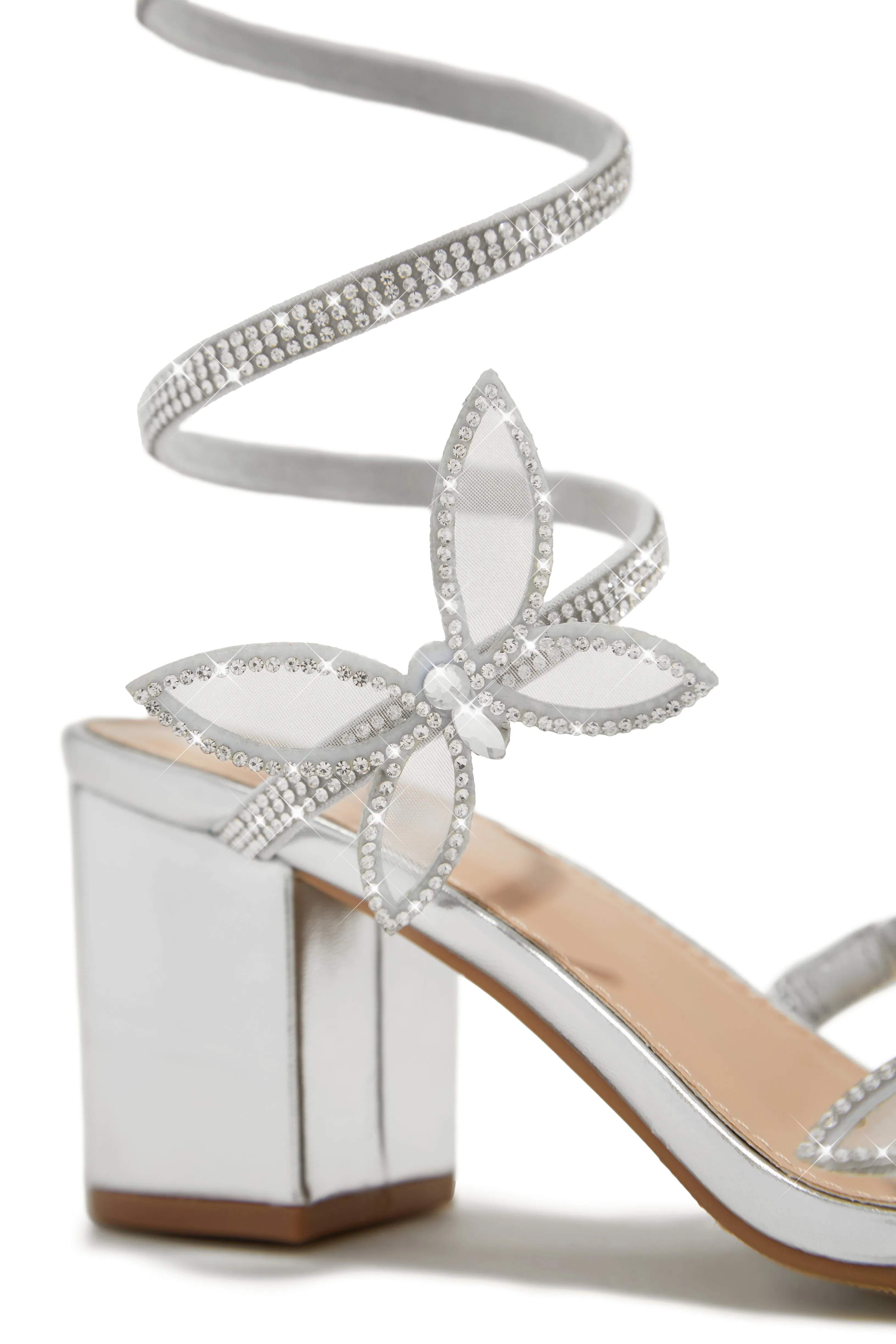 Fantasy Embellished Around The Ankle Coil Block Heels - Silver
