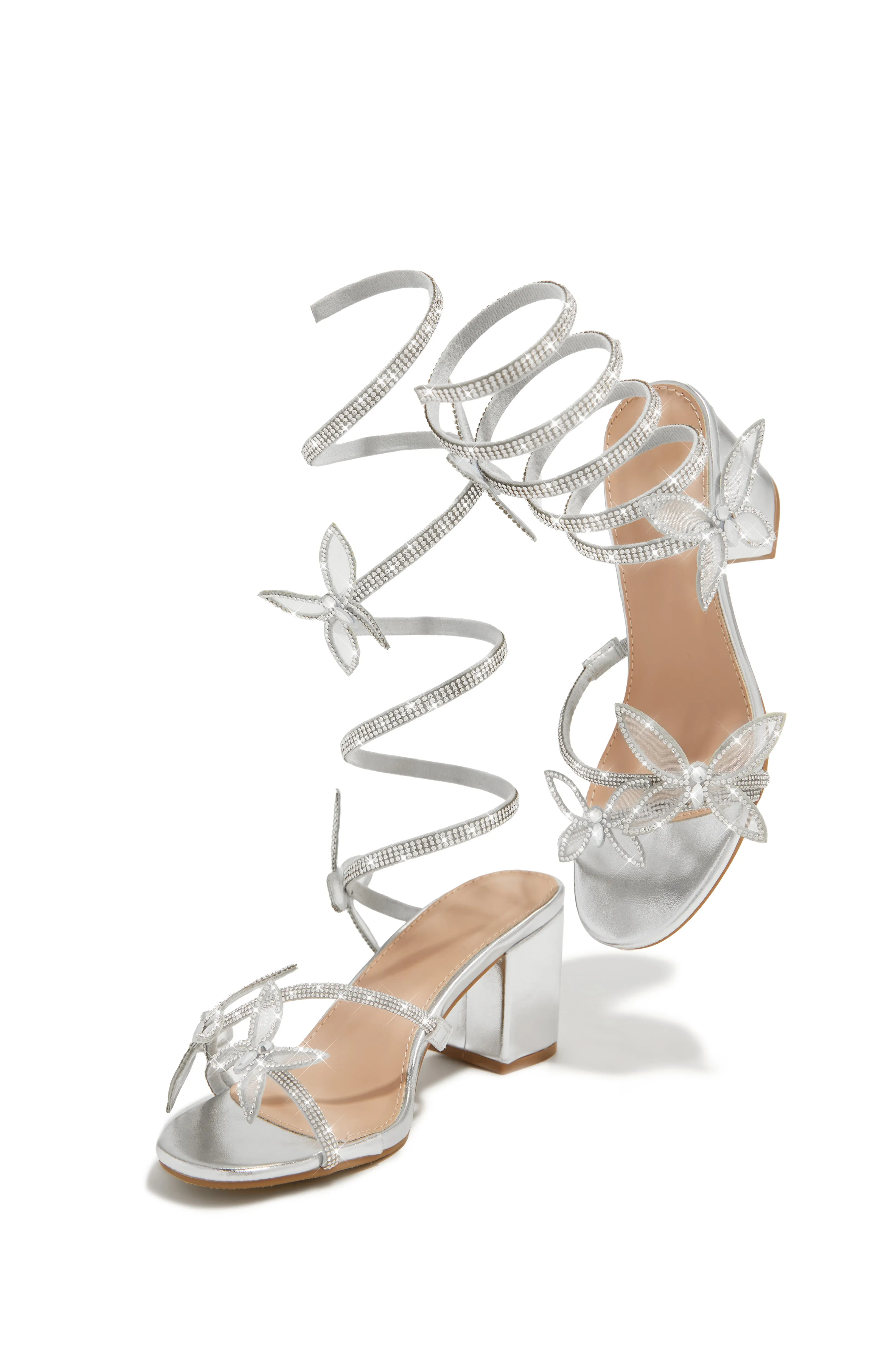 Fantasy Embellished Around The Ankle Coil Block Heels - Silver
