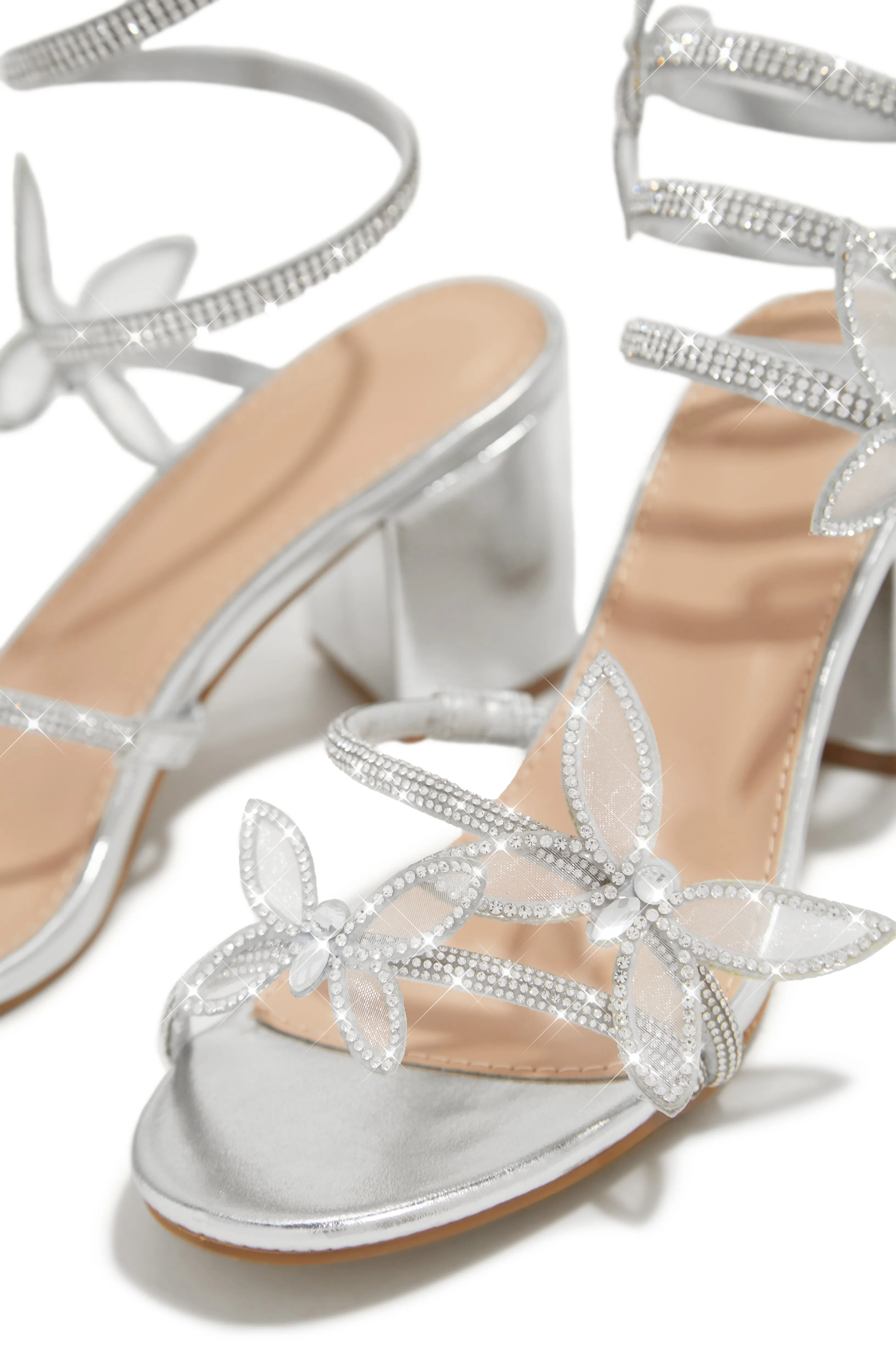 Fantasy Embellished Around The Ankle Coil Block Heels - Silver