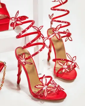Fantasy Embellished Around The Ankle Coil Heels - Red