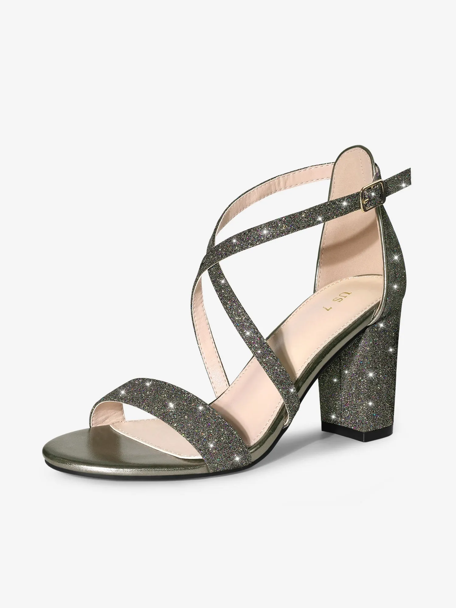 Glitter Crisscross Strap Block Heel Sandals