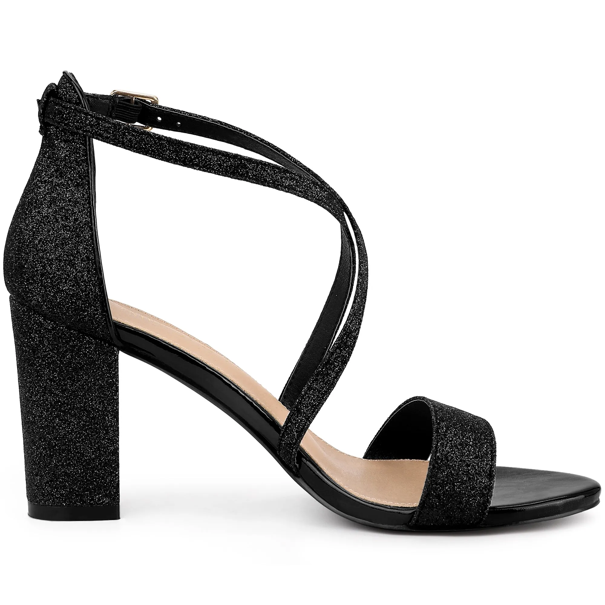 Glitter Crisscross Strap Block Heel Sandals