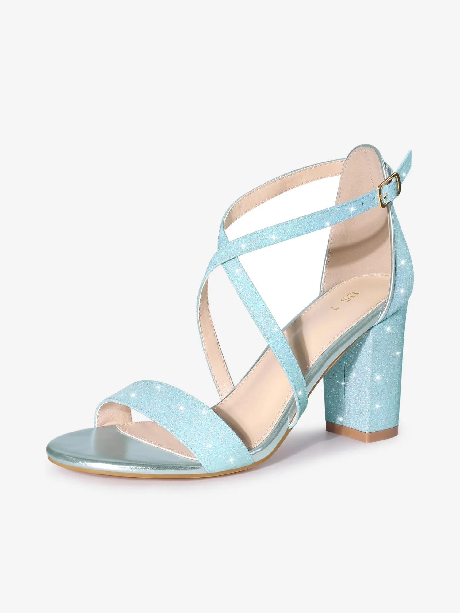 Glitter Crisscross Strap Block Heel Sandals