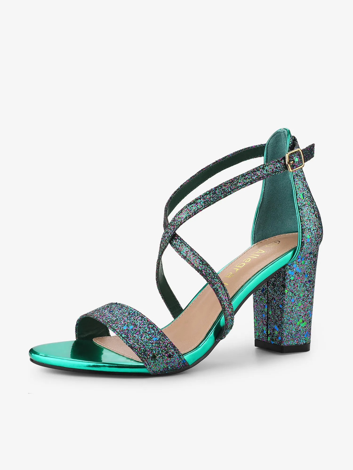 Glitter Crisscross Strap Block Heel Sandals