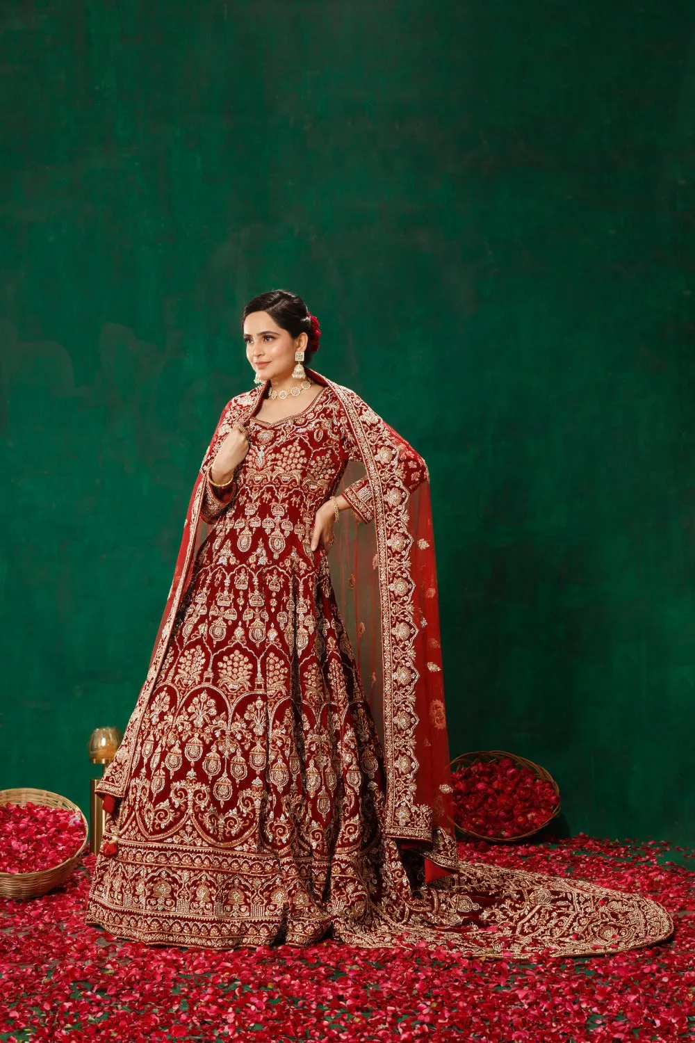 Maroon One Piece Gown Trail Dupatta