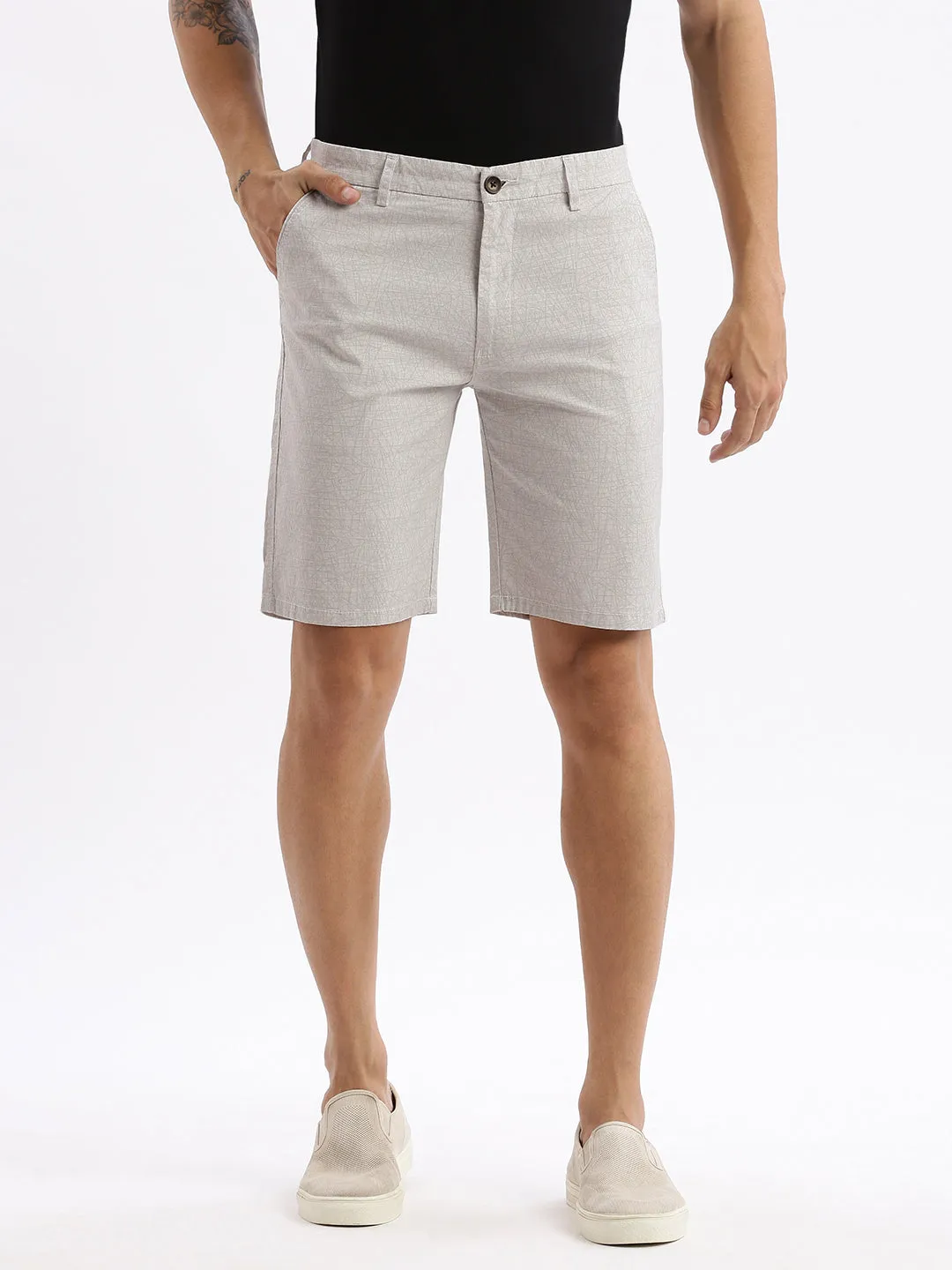 Men Abstract Grey Cotton Shorts