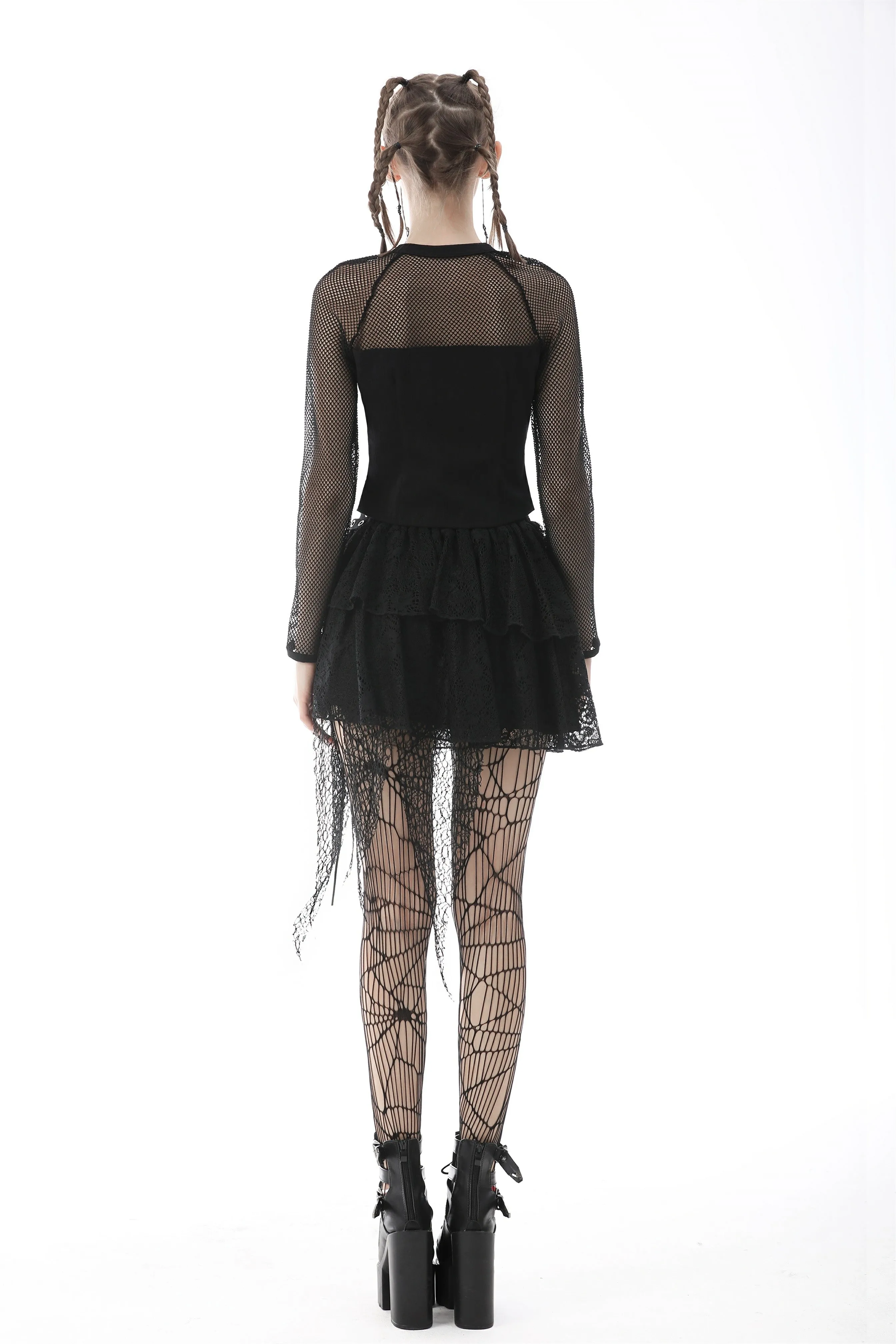Metal studded zipper mesh sleeves top TW363