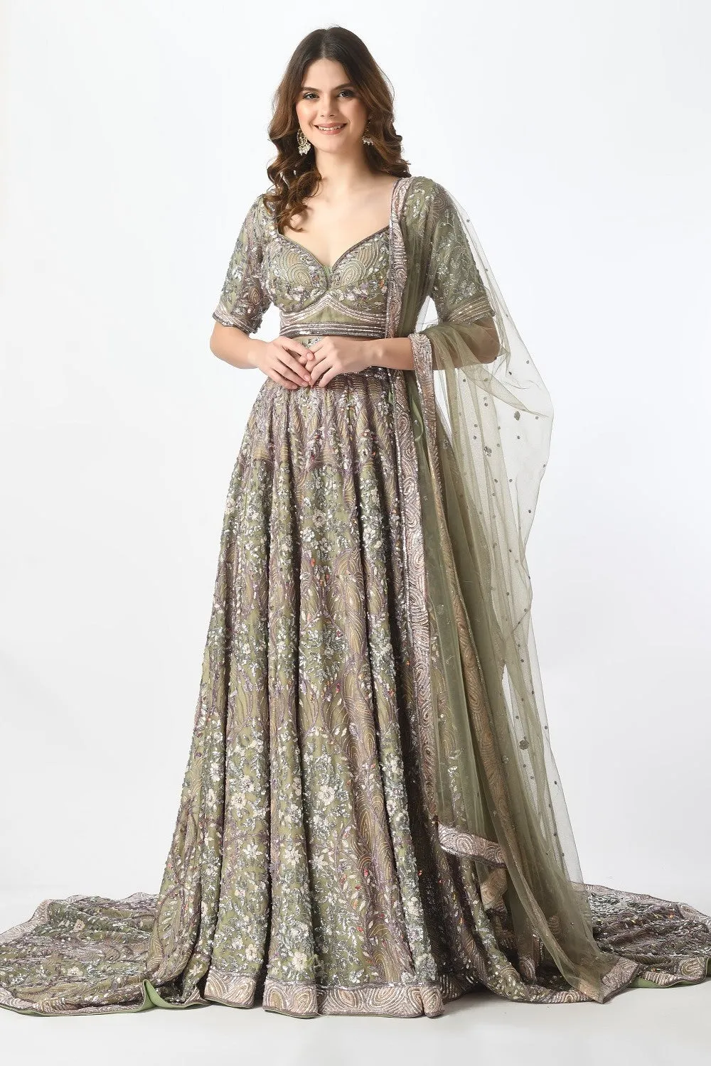 Olive Lehenga with Trail