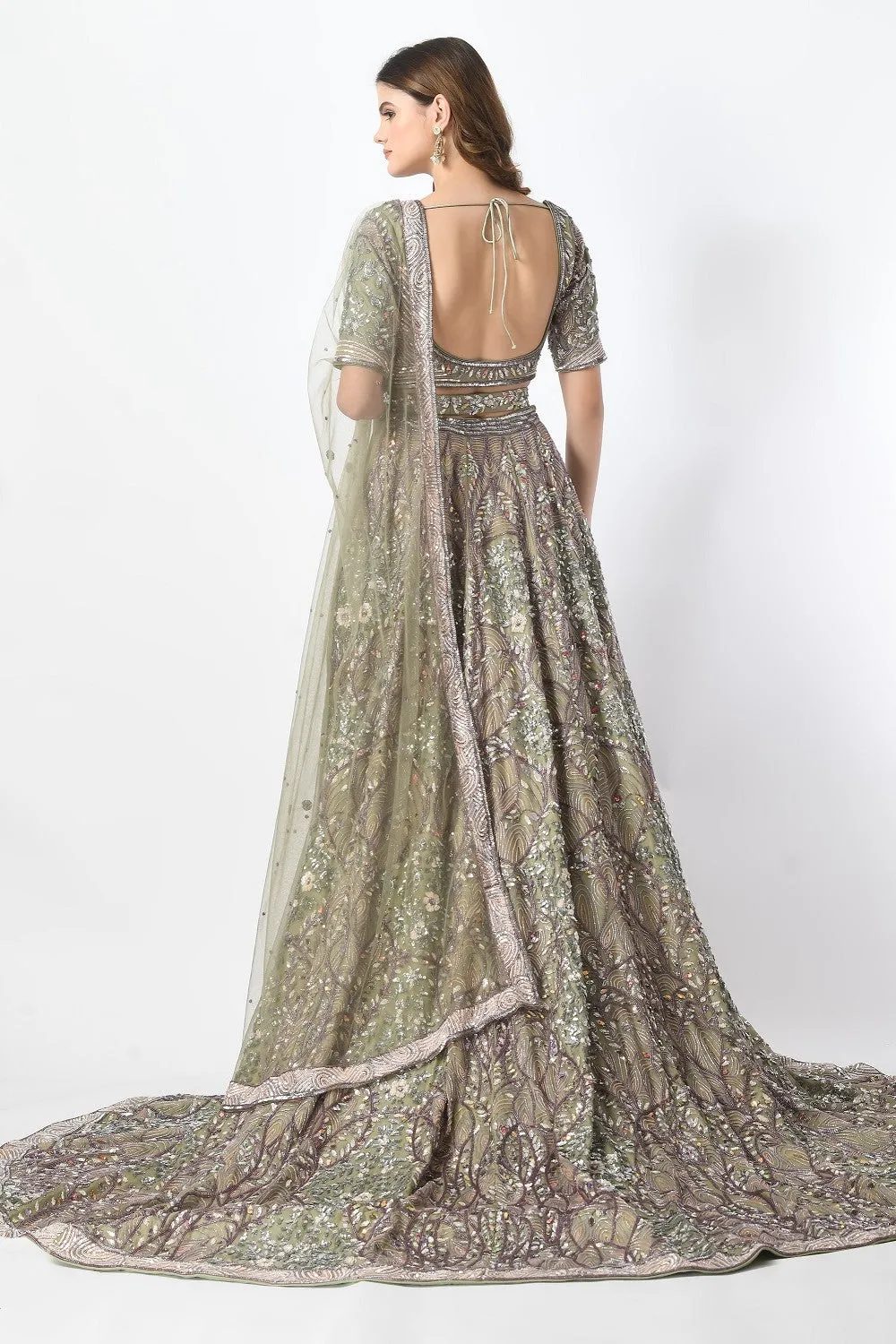 Olive Lehenga with Trail