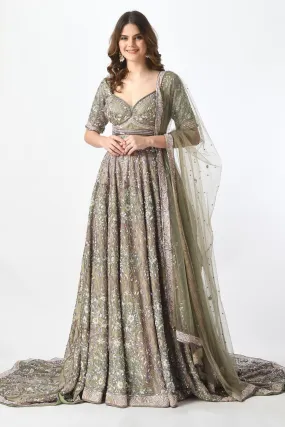 Olive Lehenga with Trail