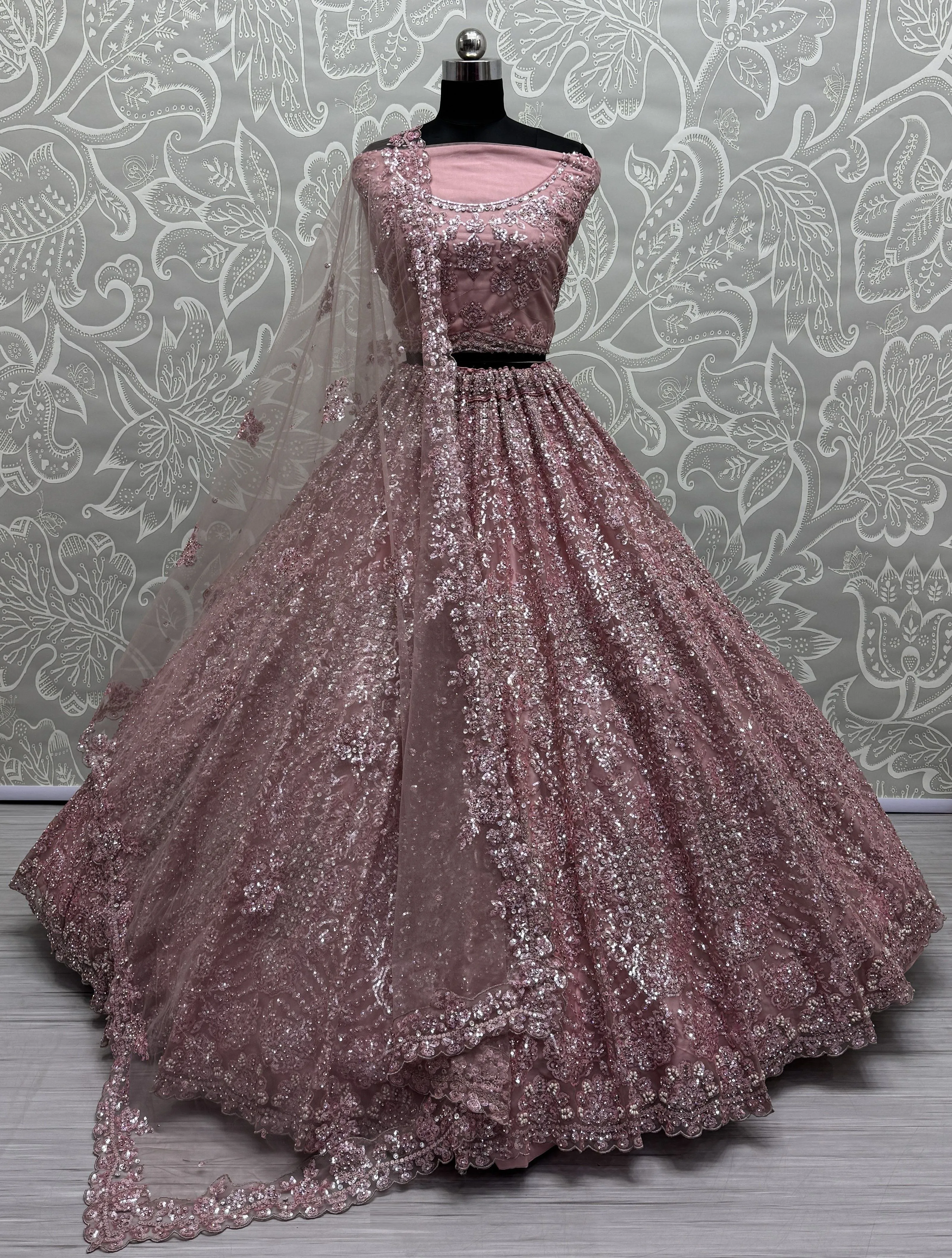 Pink Heavy Soft Net Heavy Multi thread & Sequence work Wedding Bridal Lehenga Choli