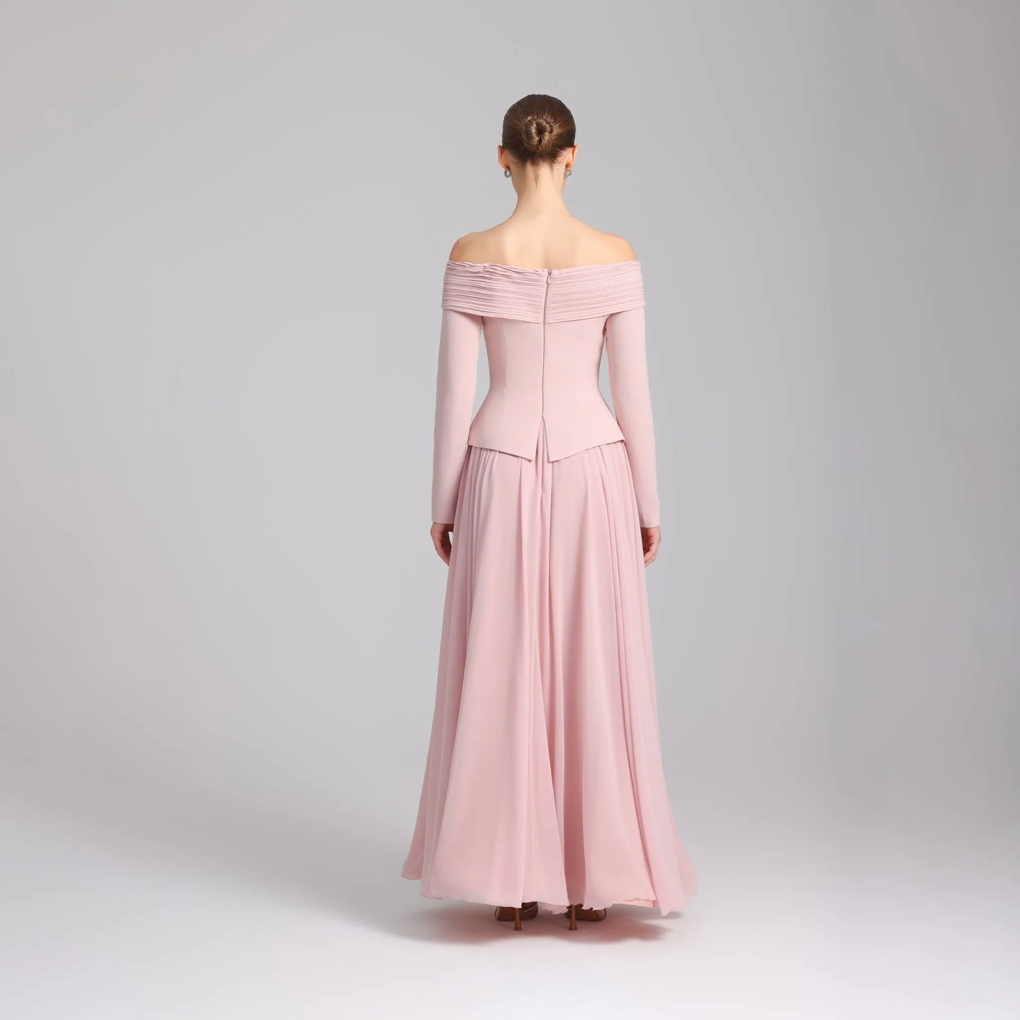 Pink Off-Shoulder Long-Sleeve Evening Gown