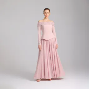 Pink Off-Shoulder Long-Sleeve Evening Gown
