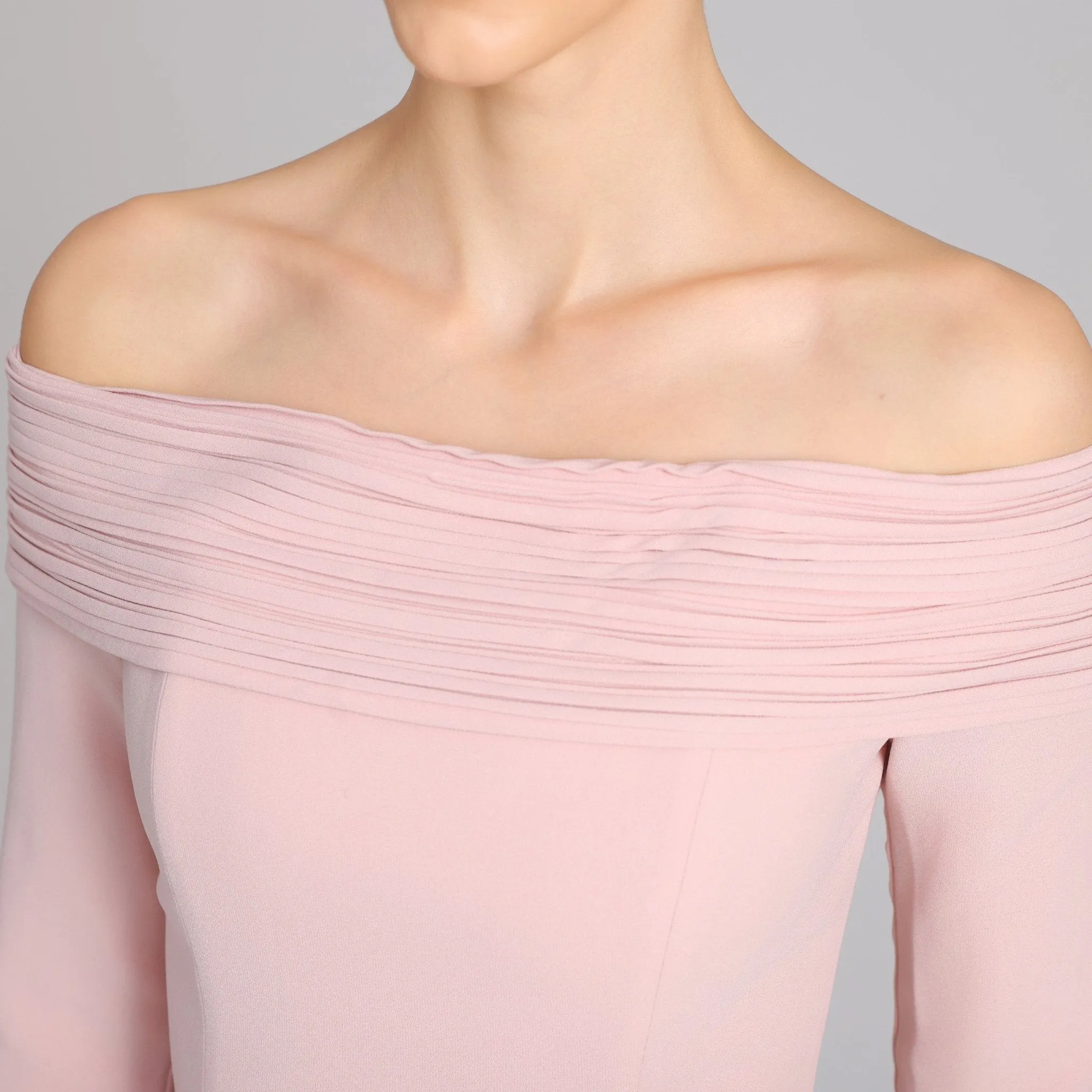 Pink Off-Shoulder Long-Sleeve Evening Gown