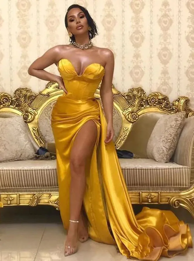 Sexy Gold Prom Dress with Corset Back,Long Evening Dresses with Slit,PD00478
