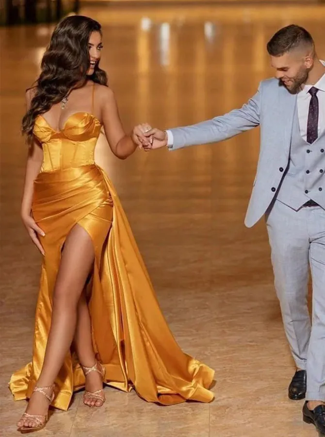 Sexy Gold Prom Dress with Corset Back,Long Evening Dresses with Slit,PD00478