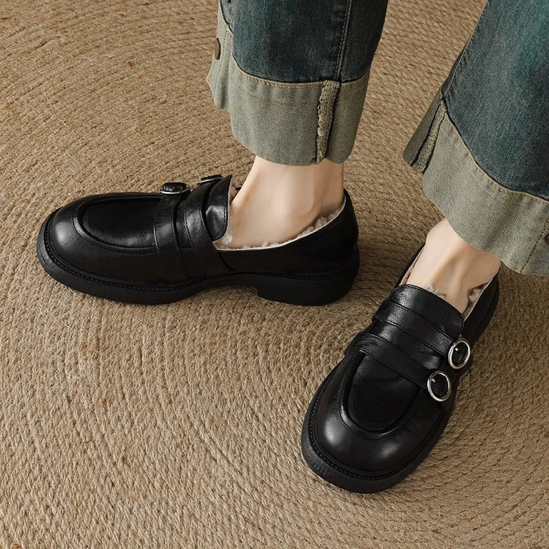 Shearling Lined Block Heel Sheepskin Leather Loafers with Double Buckle Design Black/Brown