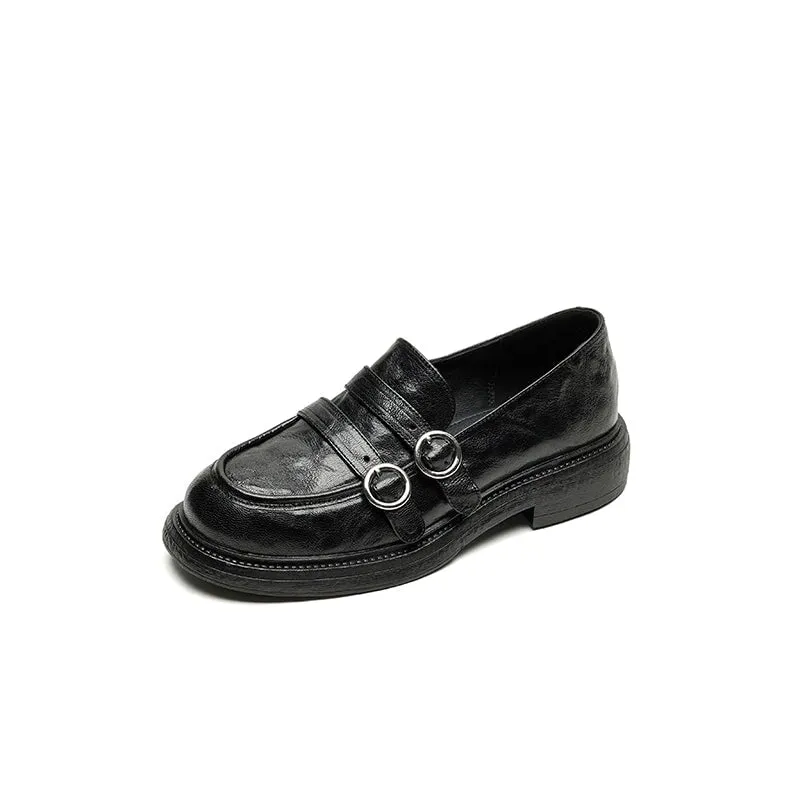 Shearling Lined Block Heel Sheepskin Leather Loafers with Double Buckle Design Black/Brown