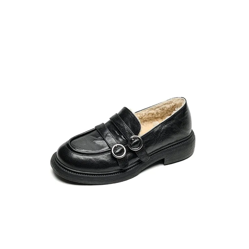 Shearling Lined Block Heel Sheepskin Leather Loafers with Double Buckle Design Black/Brown