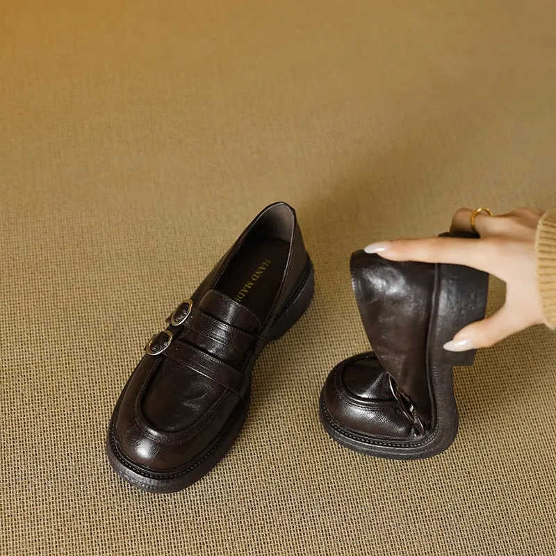 Shearling Lined Block Heel Sheepskin Leather Loafers with Double Buckle Design Black/Brown